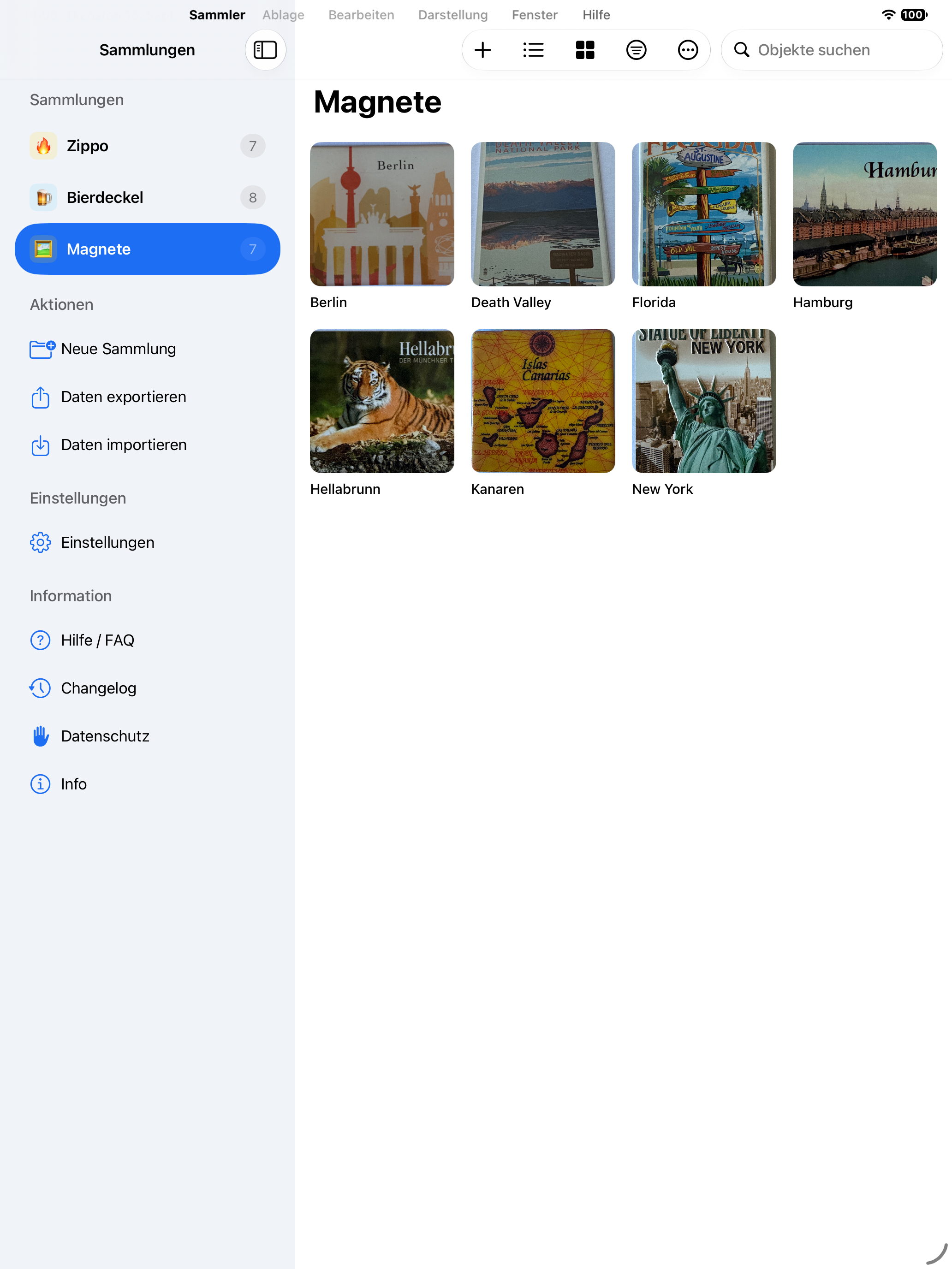 Sammler auf dem iPad: Magnet-Sammlung mit Fotos in der Rasteransicht